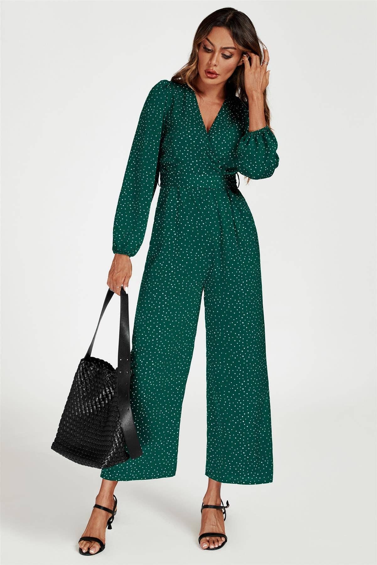 Dot Print Wrap Jumpsuit In Green for wholesale on Faire4