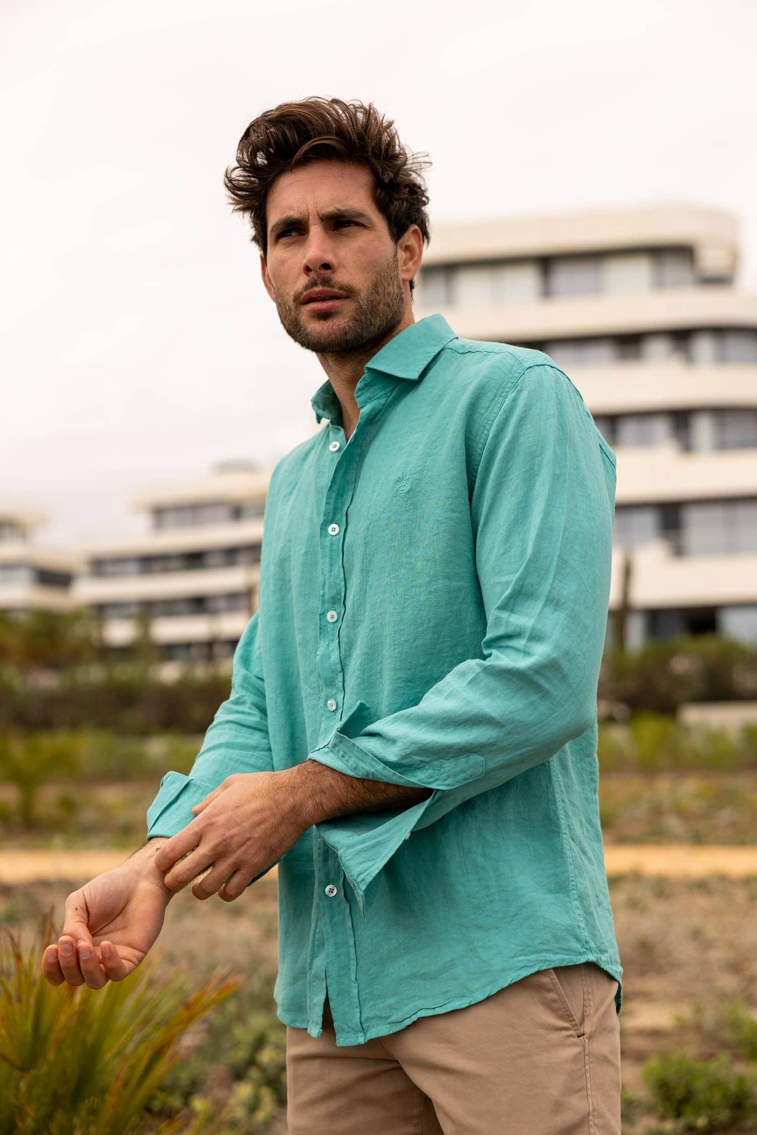 Custi Mikelo: Men's Clothing & Christmas Gifts - Wholesale Button Down Shirt - Men's - Turquoise Blue Linen Shirt | Lanzarote1