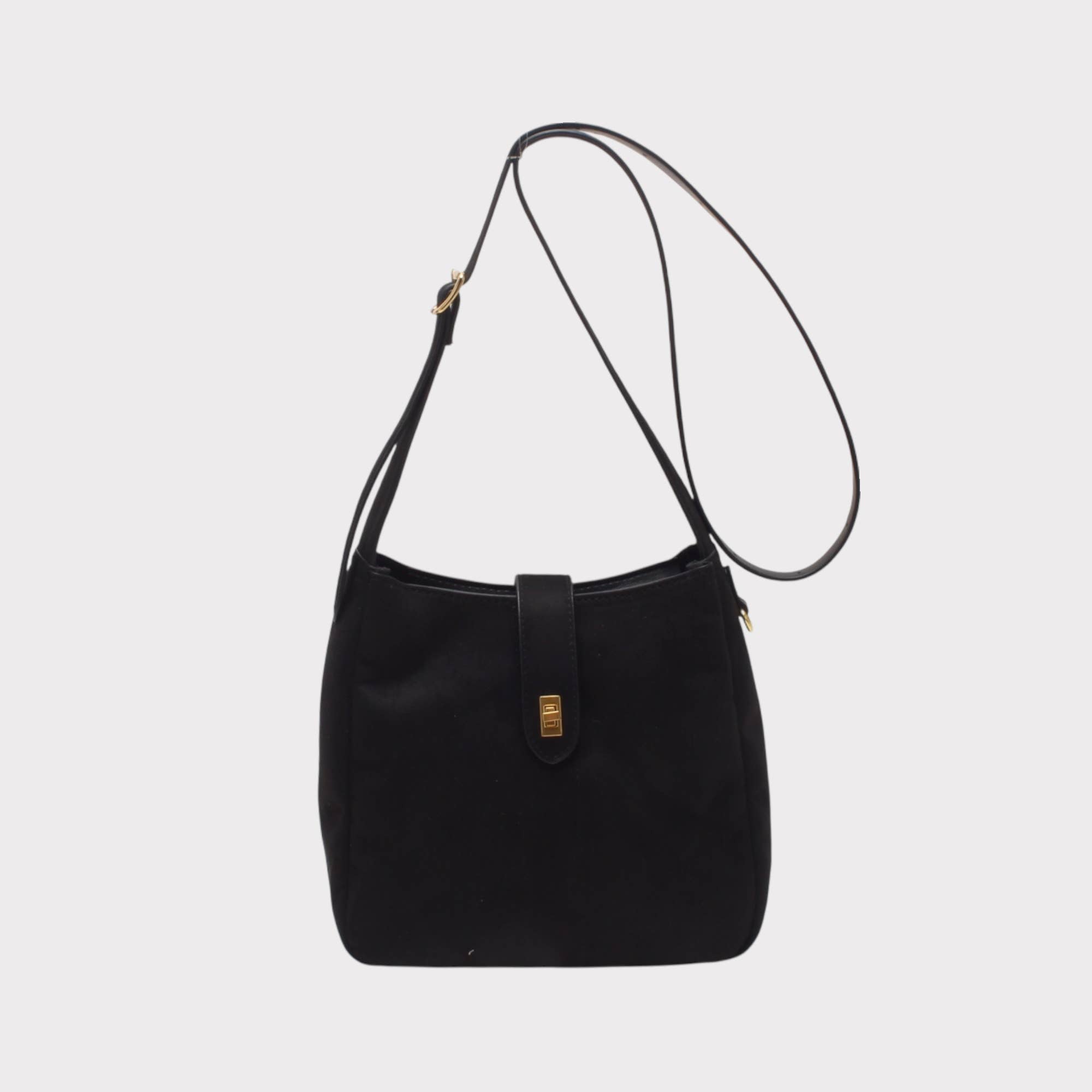 BESTINI – wholesale Axelremsväska – Dam – Axelremsväska, hinkformat, med guldfärgat spänne, mocka3