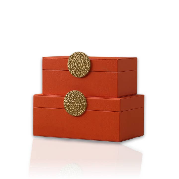 Orange Leather Box Set with Honeycomb Brass Button for wholesale by MARLETH