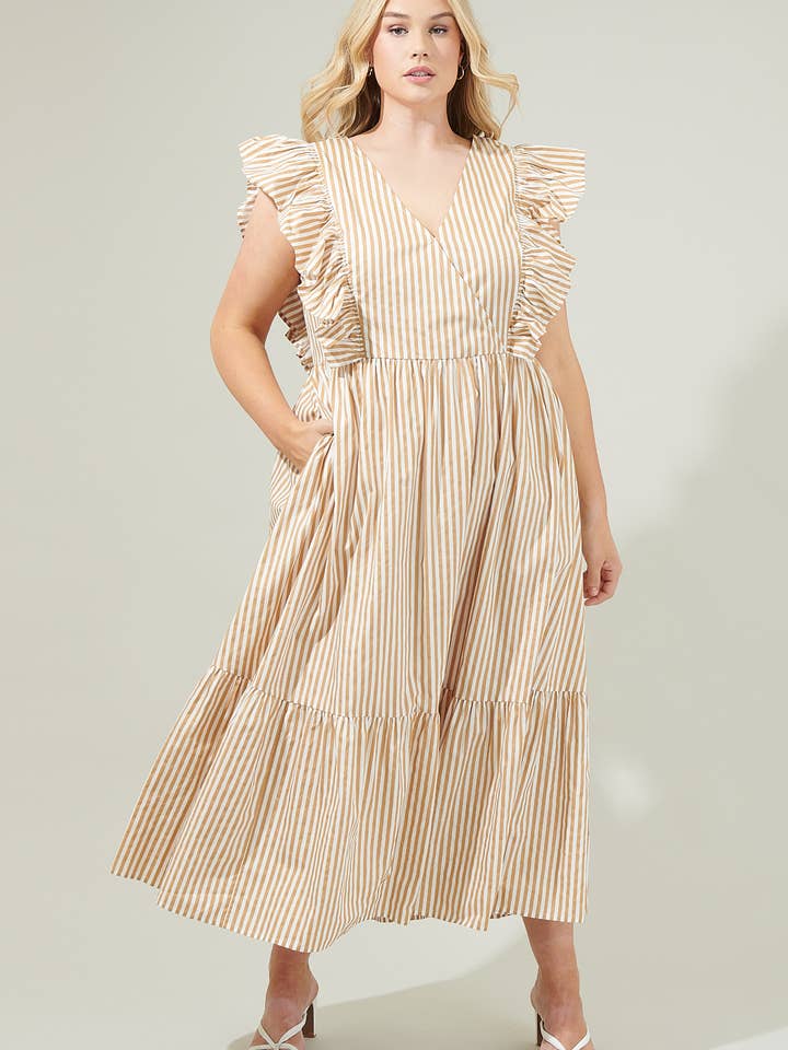 Luna Striped Fairness Taupe Poplin Surplice Midi Dress Curve for wholesale by Sugarlips