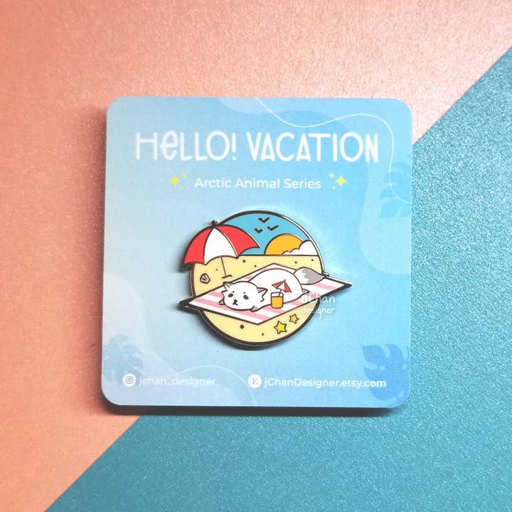 Cute Chilling Fox Hard Enamel Pin, Kawaii White Fox Lapel Pin, Chibi Winter Fox, Arctic Animal, Summer Vacation, Ocean Beach, Small Gift for wholesale by jChan Designer