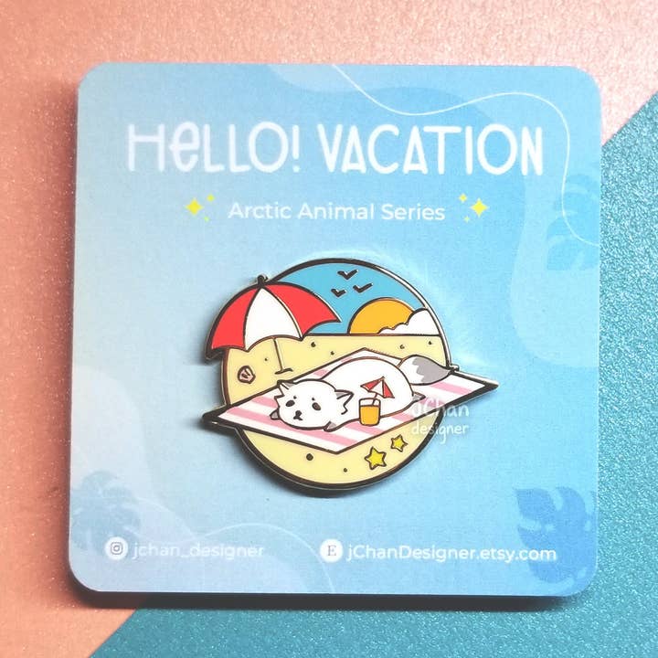 Cute Chilling Fox Hard Enamel Pin, Kawaii White Fox Lapel Pin, Chibi Winter Fox, Arctic Animal, Summer Vacation, Ocean Beach, Small Gift for wholesale by jChan Designer