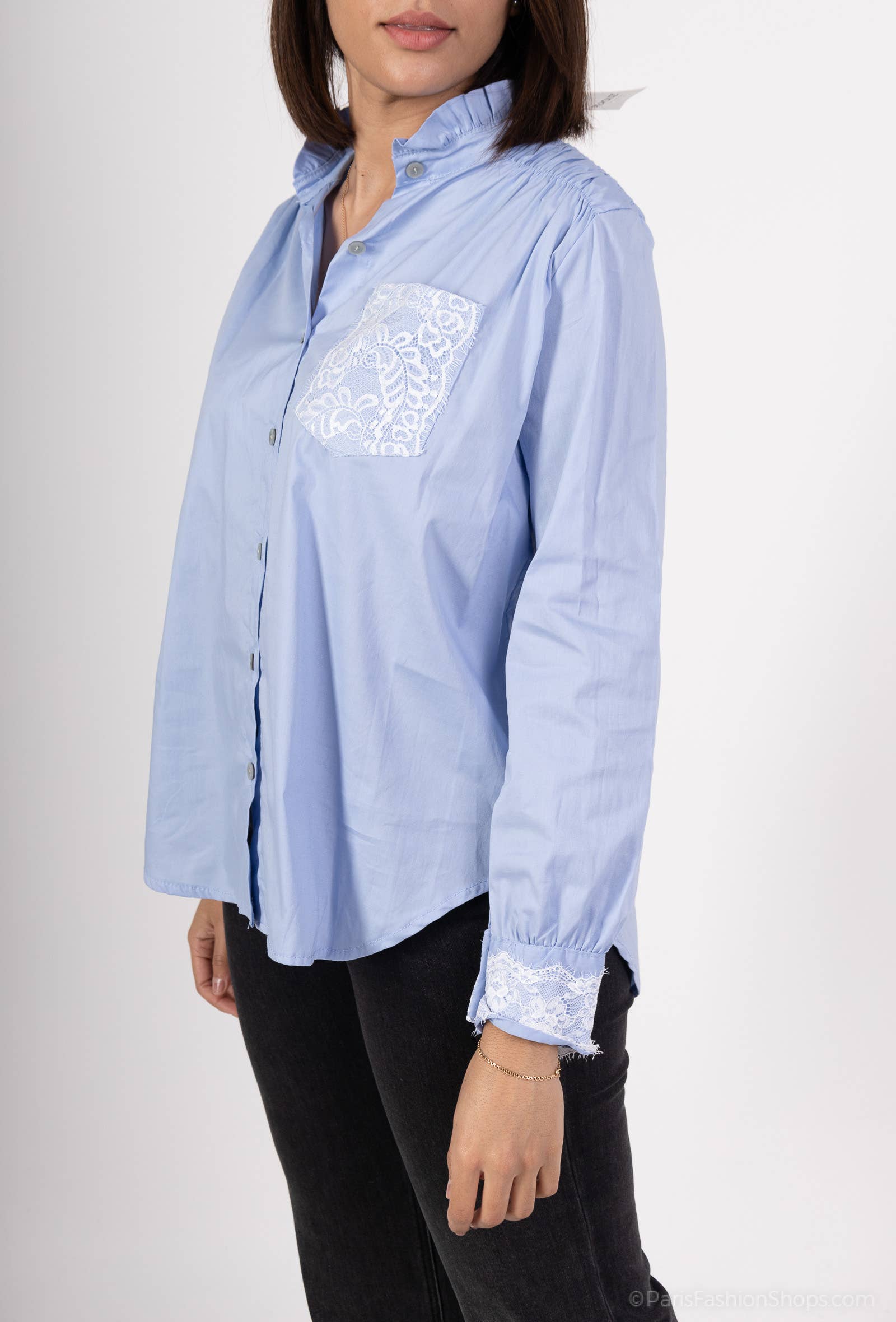 Pépouz' Paris - Vente Chemise à col boutonné – femme - Chemise col mao avec dentelle PC25181
