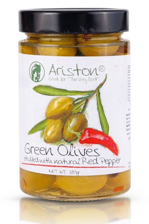 Ariston Specialties - Wholesale Olives - Ariston Green Olives Stuffed Pepper -13.40oz (Sweet peppers)