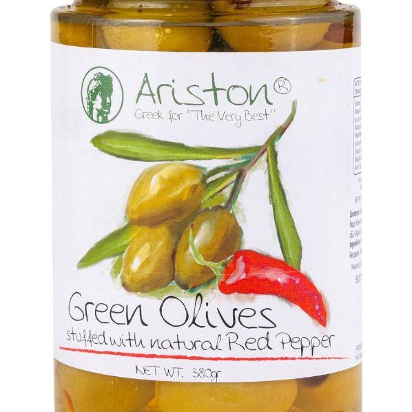 Ariston Specialties - Wholesale Olives - Ariston Green Olives Stuffed Pepper -13.40oz (Sweet peppers)0