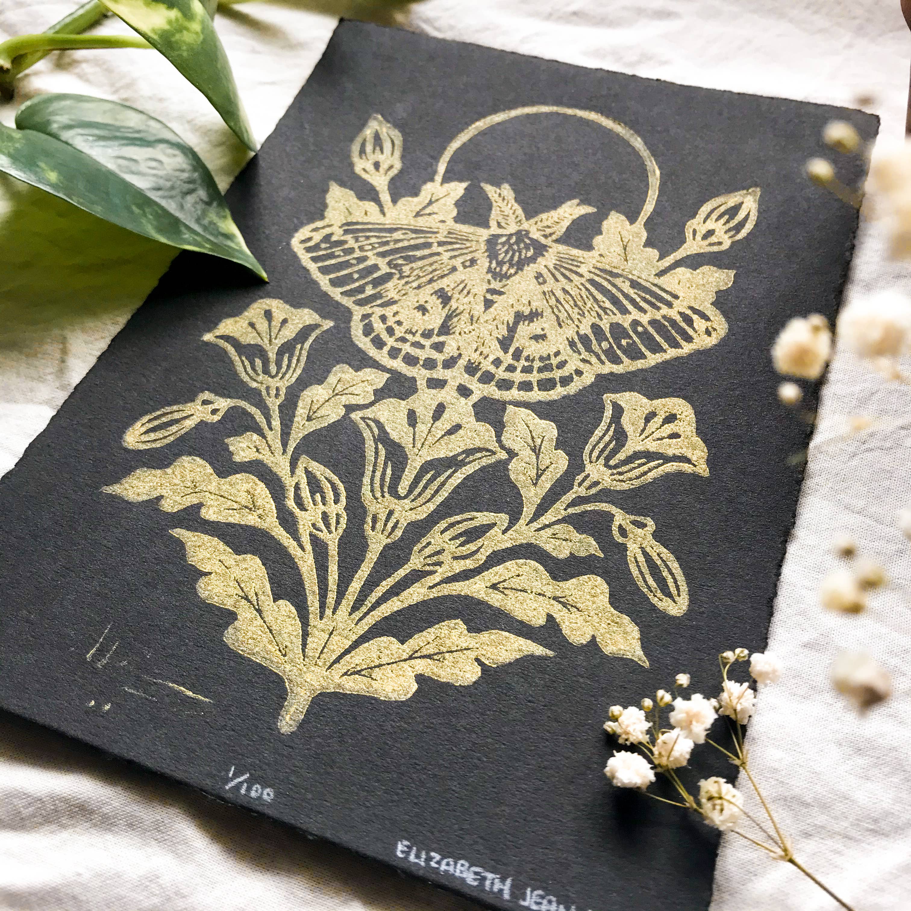 Mustard Beetle - Wholesale Art Print - IO Moth & Poppies Handprinted Linocut on Handmade Paper 5x7"5