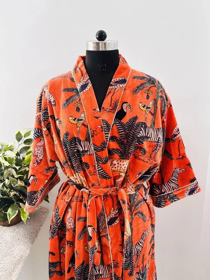 GYPSY STUDIO - Wholesale Robe - Women's - velvet jungle print kimono robe| Handmade stitched robe |