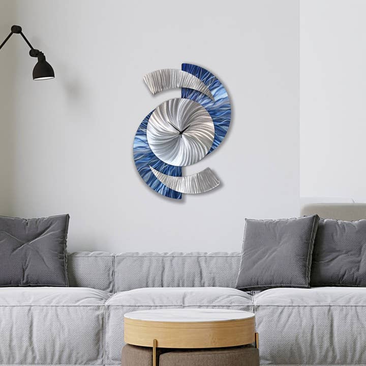 Navy Blue & Silver Metal Clock – Modern Wall Sculpture, Silent Quartz, Handmade 18x24" and other Purchase wholesale quartz clock movements. Free returns & net 60 terms on Faire trending on Faire.