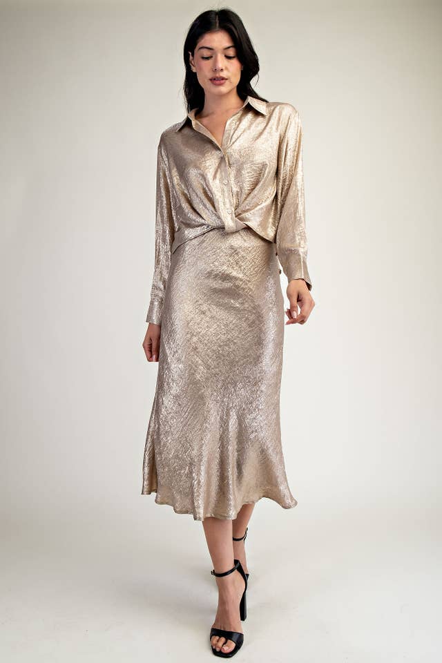 Edit by Nine - Wholesale Skirt - Women's - Ts5355 Shimmer Satin Midi Skirt With Full Lining