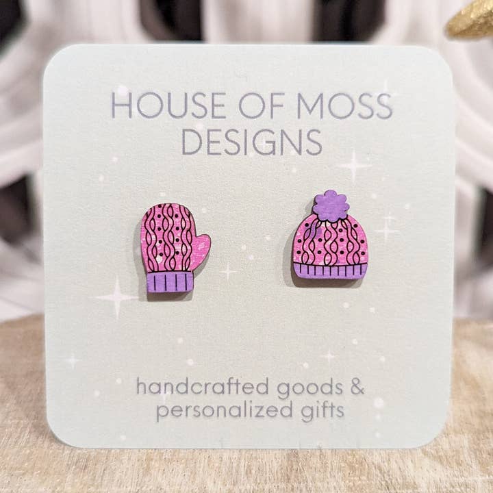 Knit Winter Hat And Mitten Stud Earrings for wholesale by House of Moss Designs