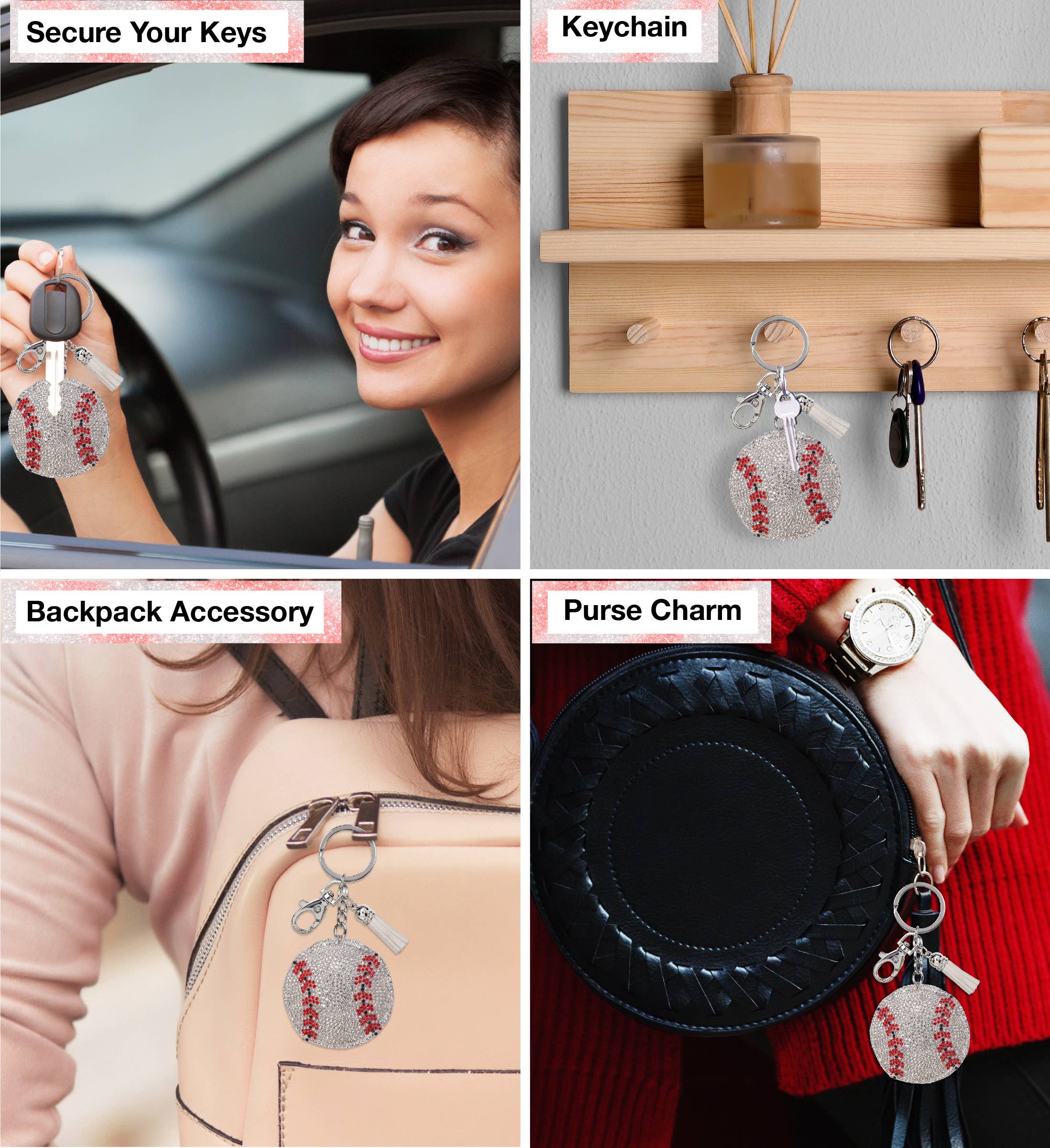 Cota Global - Wholesale Keychain - Unisex - Sparkling Rhinestones Charm With Tassel - Baseball2