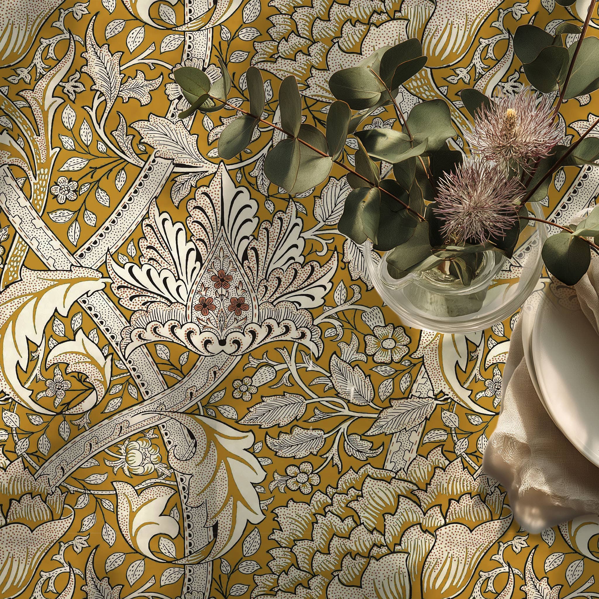 NorraVilla - Wholesale Tablecloth - Linen Tablecloth William Morris Windrush yellow print2