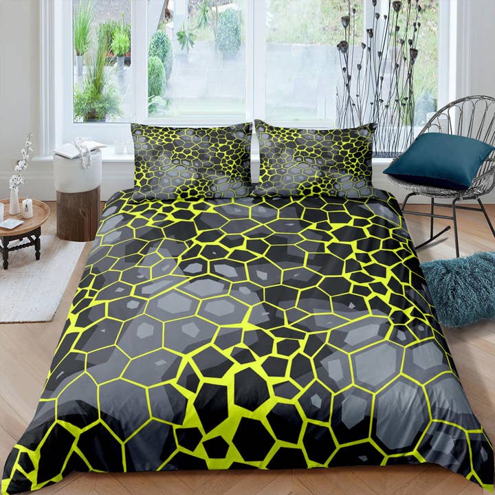 Moderna geometriska neon grön påslakan färgglada sovsal sängkläder uppsättning full abstrakt design kung påslakan drottning påslakan överkast för wholesale av daintyduvet