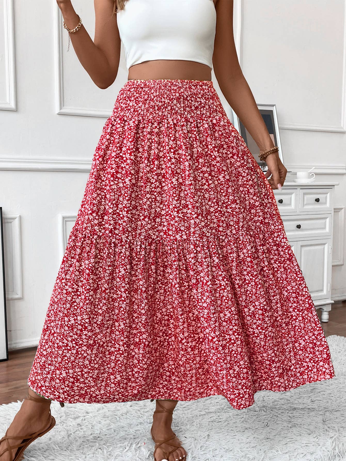 Rosa Clothing - Wholesale Skirt - Women's - Ditsy Floral Smocked Waist A-Line Skirt7