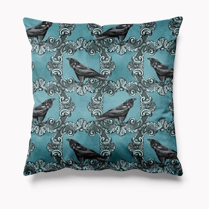 Blue Raven Bird Teal Halloween Horror Velvet Cushion for wholesale by Kitsch Republic