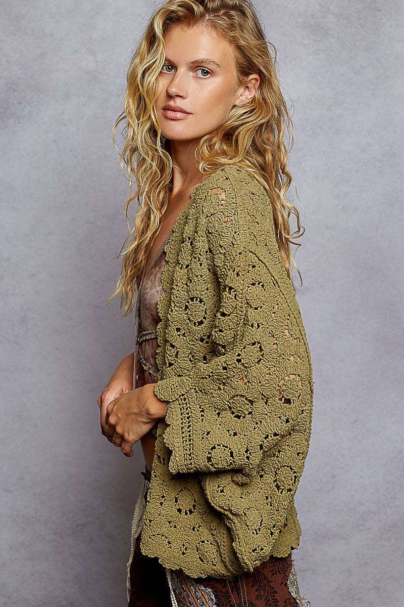 Pol Clothing - Wholesale Cardigan - Women's - Long sleeve v neck floral pattern crochet chenille cardigan13