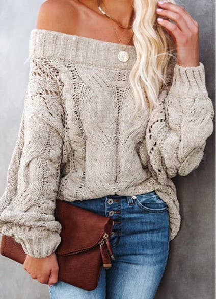 Rosa Clothing - Wholesale Tunic Sweater - Women's - Straight-Neck Off-The-Shoulder Pullover Sweater4