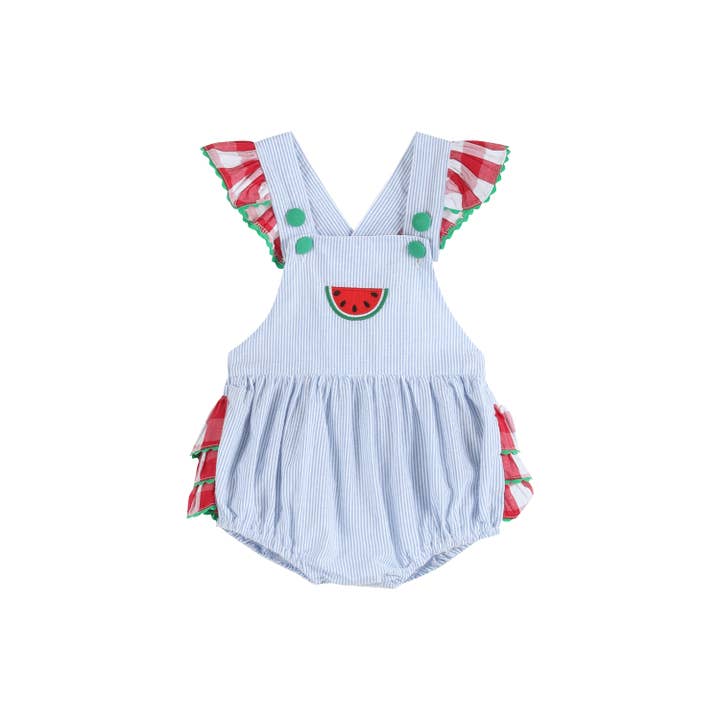Lil Cactus - Wholesale Bodysuit (Non-Footed) - Baby - Light Blue Seersucker and Gingham Watermelon Ruffle Romper