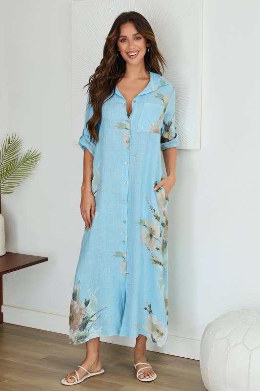 Wholesale BUTTON DOWN MAGNOLIA FLOWERS LINEN DRESS (5-42-MAGNOLIA) for ...