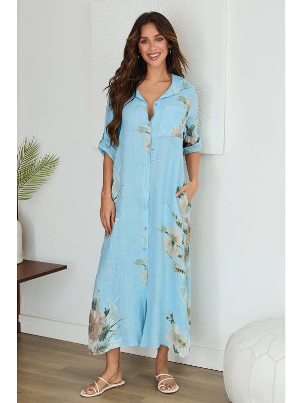 Wholesale BUTTON DOWN MAGNOLIA FLOWERS LINEN DRESS (5-42-MAGNOLIA) for ...