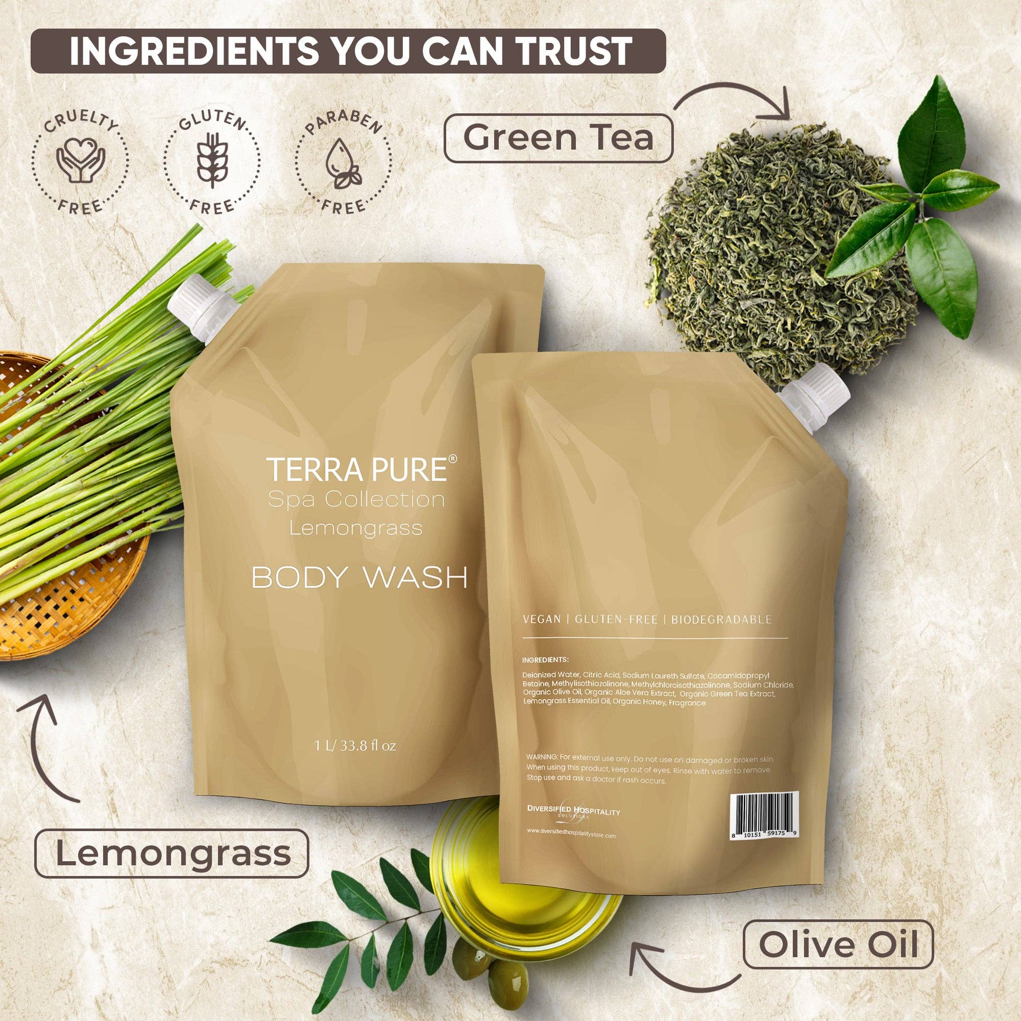 Diversified Hospitality Solutions - Wholesale Body Wash/Shower Gel - Terra Pure Spa Collection 1 Liter Body Wash Refill Bag For Soap Dispensers | Bulk Toiletries for Vacation Rentals, and Home Bathroom Showers | Green Tea Lemongrass | Single3