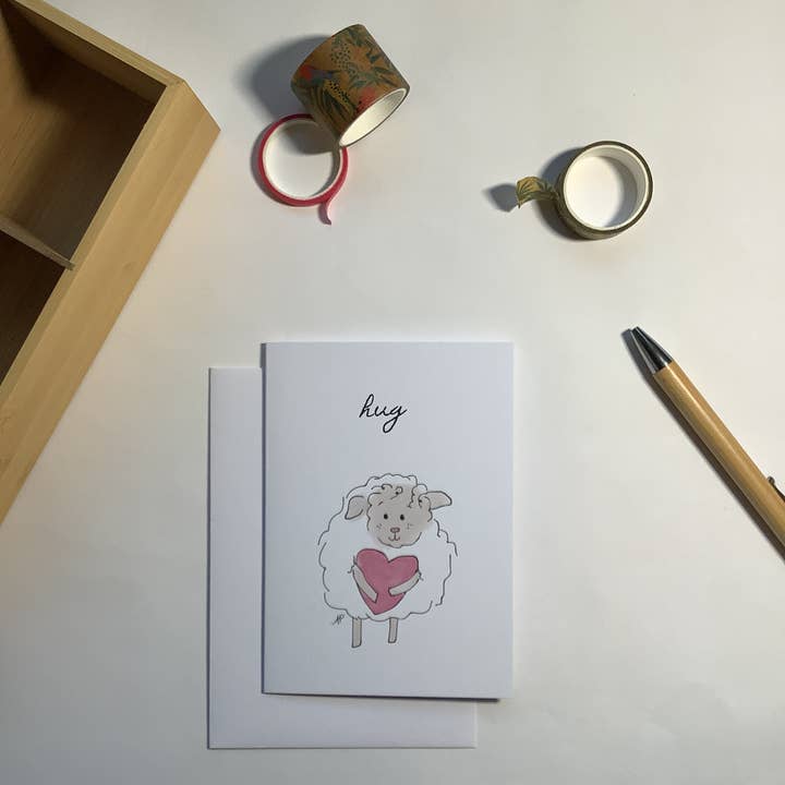 Cute baby lamb "hug" card for wholesale by Little Red Fox Designs