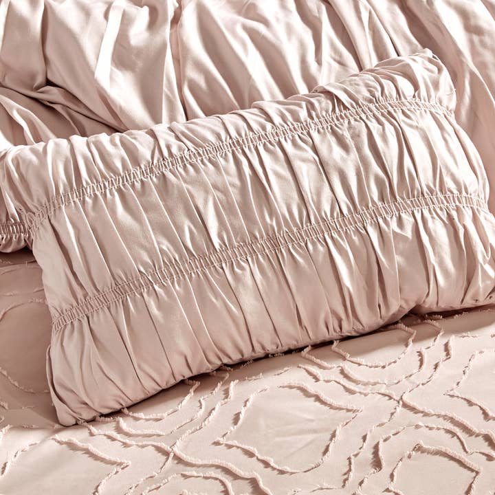 Linen Mart – Großhandel Bettwäsche-Set – Ultraweiche rosa plissierte Bettdecke mit Rüschen - 7-teiliges Set