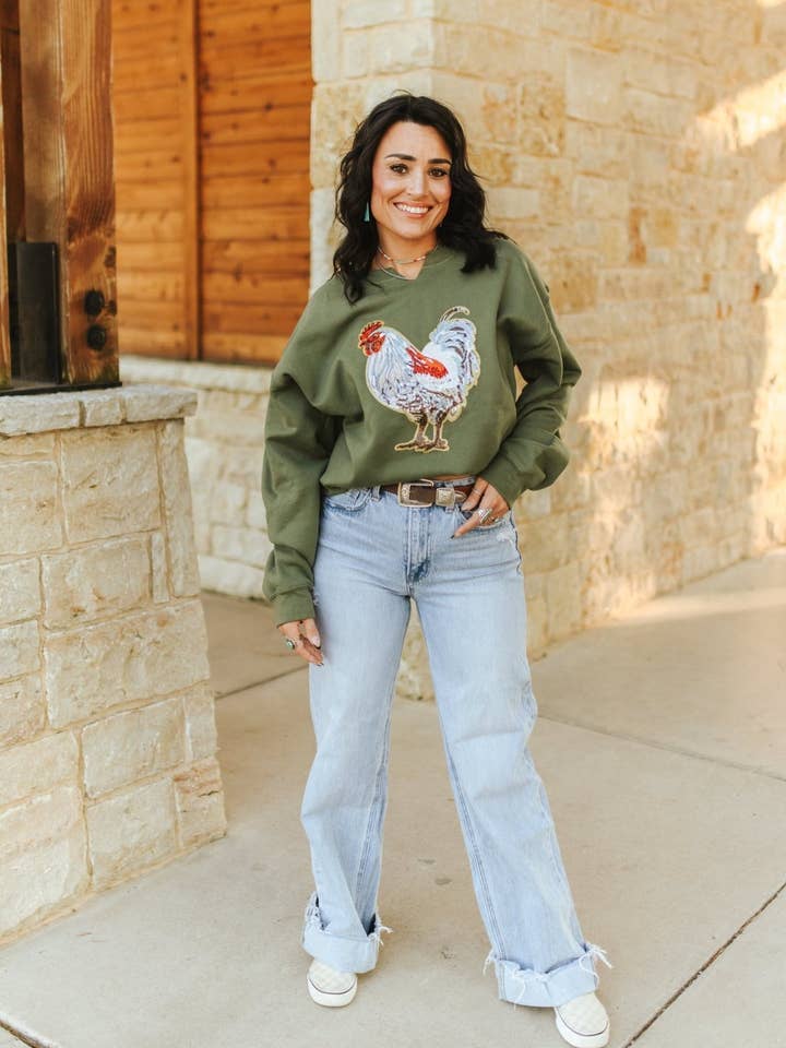 Rooster Sequin V-neck Graphic Sweatshirt for wholesale by Wild Junkie