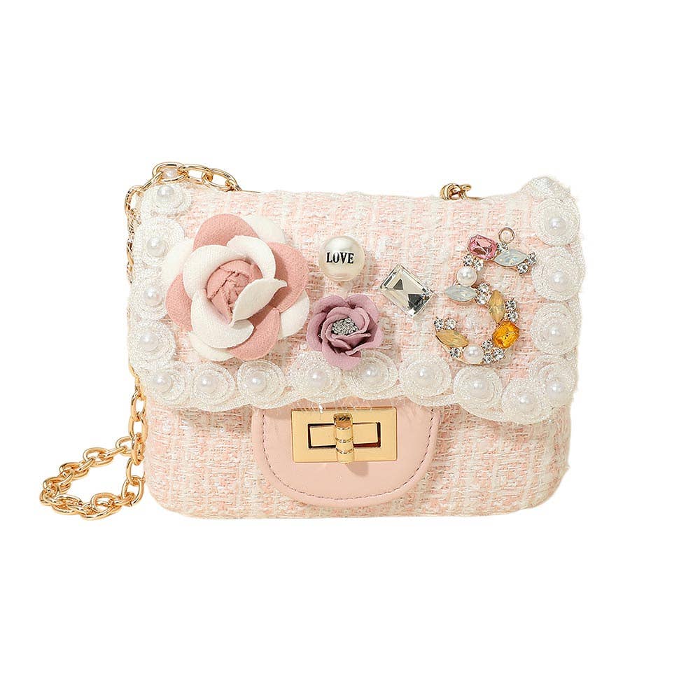 Sensibling Corp. - Wholesale Crossbody Bag - Women's - Floral Pearl Stone Cluster Embellished Tweed Mini Handbag / Crossbody Bag7