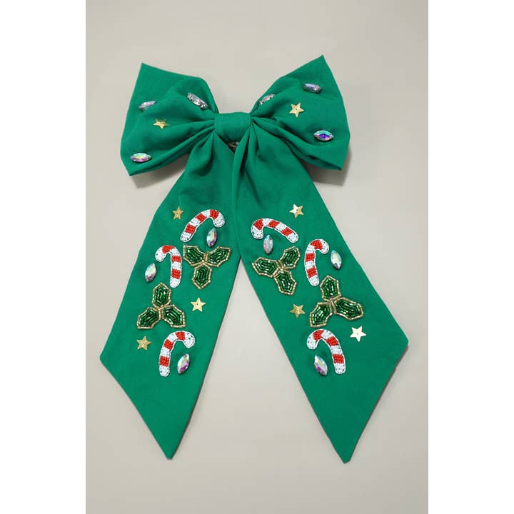 JOSSLYN by wall to wall - Wholesale Hair Pin - CHRISTMAS CANDY CANE SEED BEAD HAIR BOW CLIP | 91HC4531