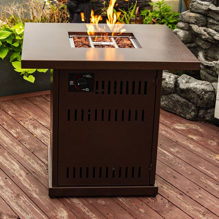 28In Square Fire Pit Table Propane Fire Table With Stainless Steel Lid Brown Steel for wholesale by Orange County Decor