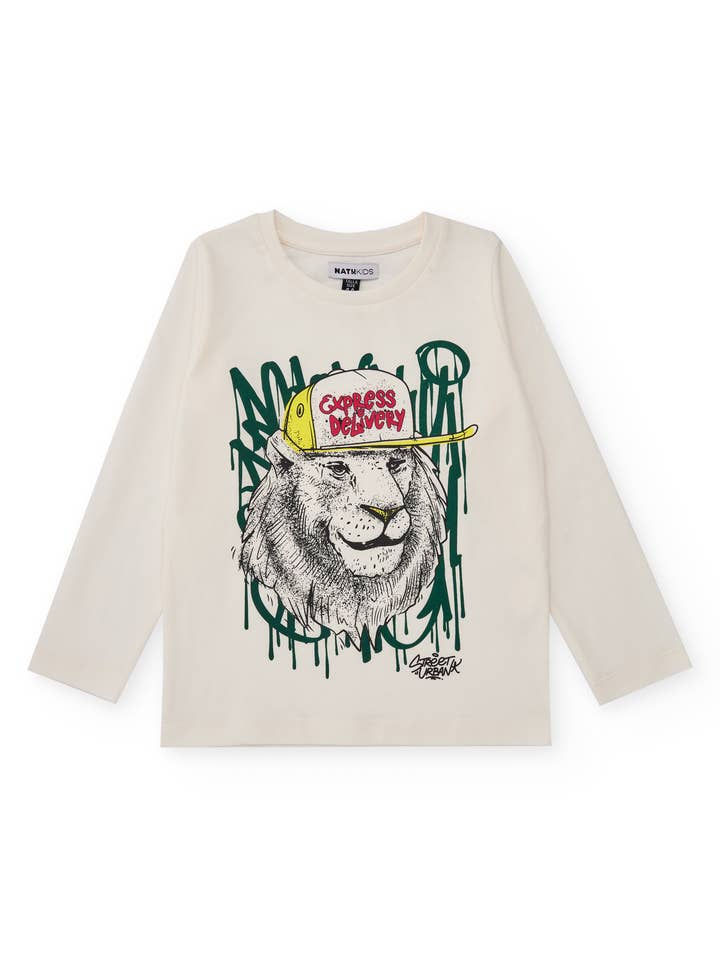 T-shirt pour garçon en écru avec imprimé de lion urbain. pour la vente par tuc tuc