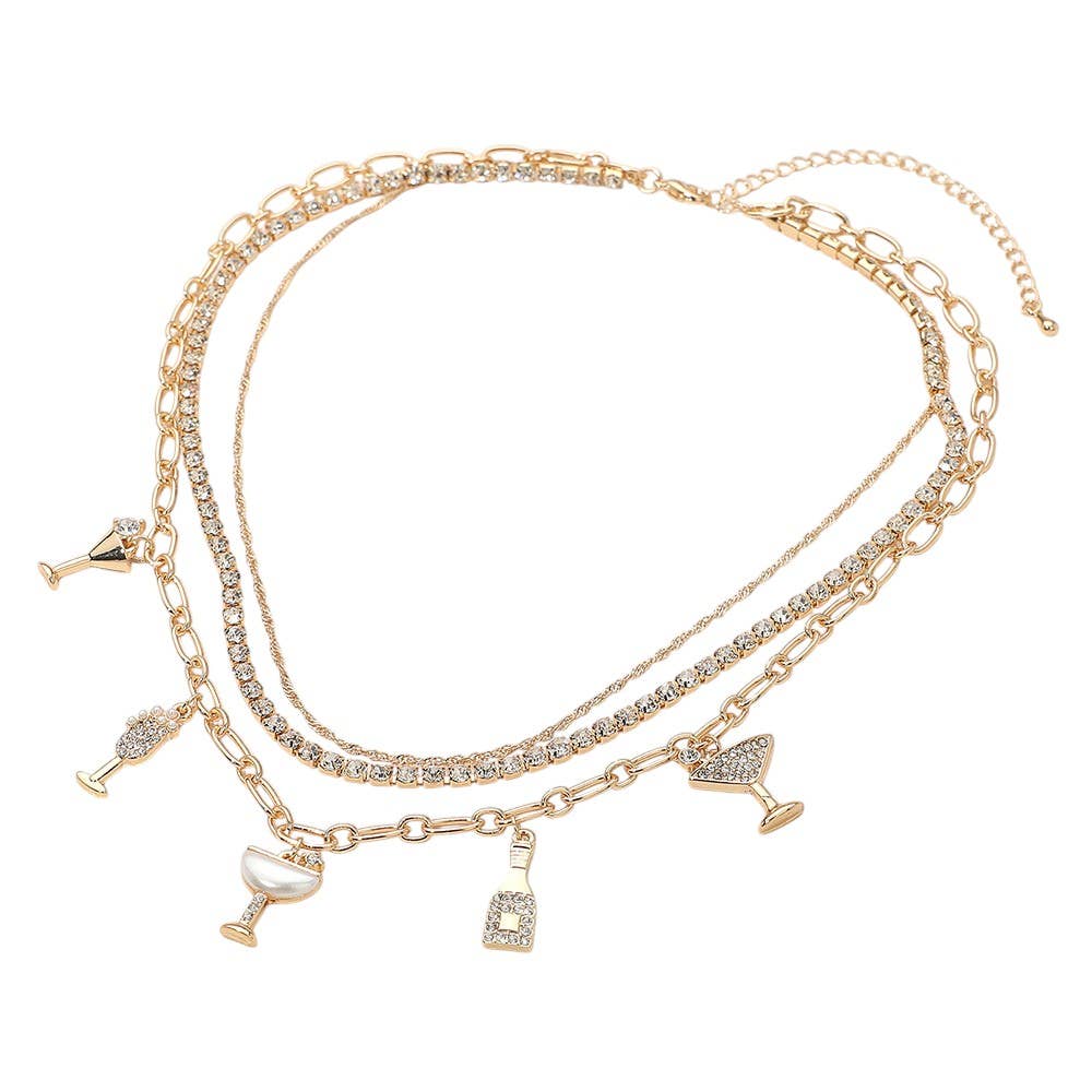 Sensibling Corp. - Wholesale Pendant/charm necklace - Rhinestone Pearl Embellished Drink-themed Charm Station Layered Chain Necklace2