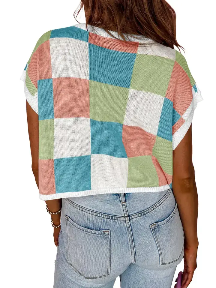 Lovesoft - Wholesale Sweater Vest - Women's - Plaid Colorblocked Skeleton Knit Vest12