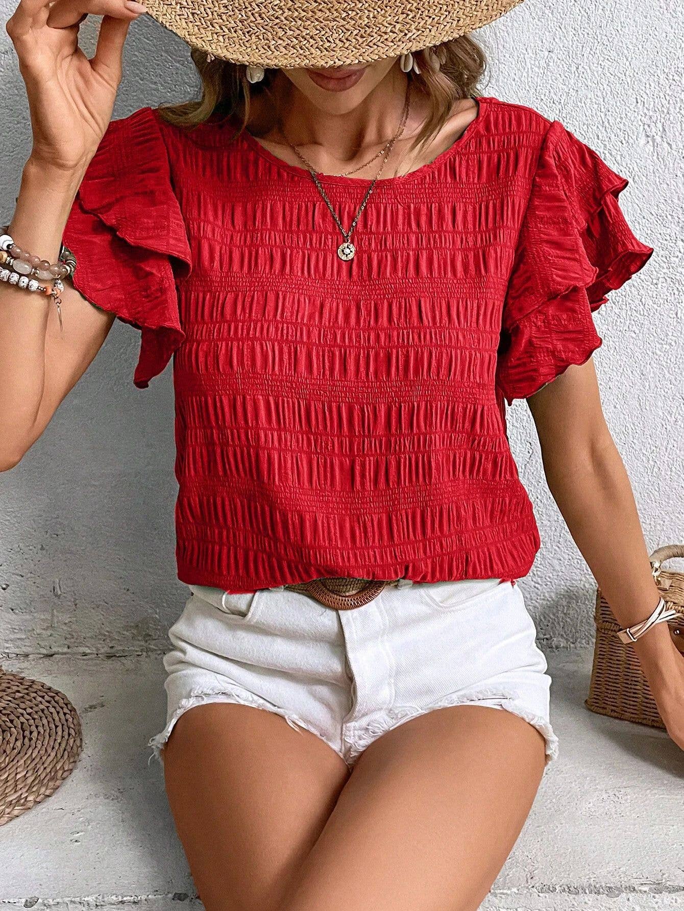 Lily Clothing - Wholesale Blouse - Women's - Double ruffled sleeve crew neck blouse5