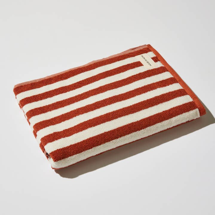 BATH TOWEL IN RED OCHRE STRIPE for wholesale by House of Nunu