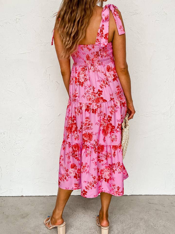 Pink Floral Tie Strap Midi Dress for wholesale on Faire