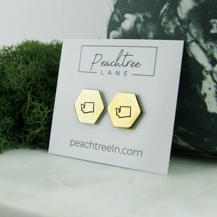 Washington Stamped State - Brass Hexagon Earrings for wholesale by Peachtree Lane Co.