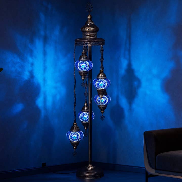 5-Globe Turkish Mosaic Floor Lamp (Blue) for wholesale by Mozaist LLC