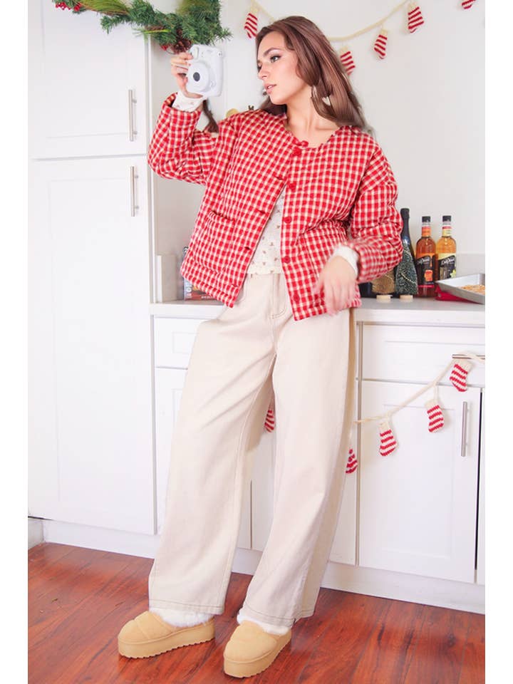 VERY J - Wholesale Jacket - Women's - NJ90419-Oversized Checkered Casual Quilt Jacket6