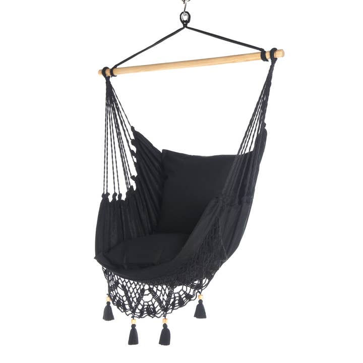 Limbo Imports Hammocks - Wholesale Schommel voor veranda - Zwarte Boho Gehaakte Hangstoel + 2 Kussenhoezen - Luxe