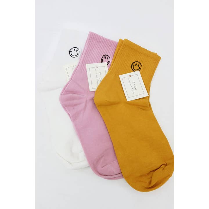 MIX COLOR Solid Smiley Embroidered All Year Long Socks for wholesale on Faire4