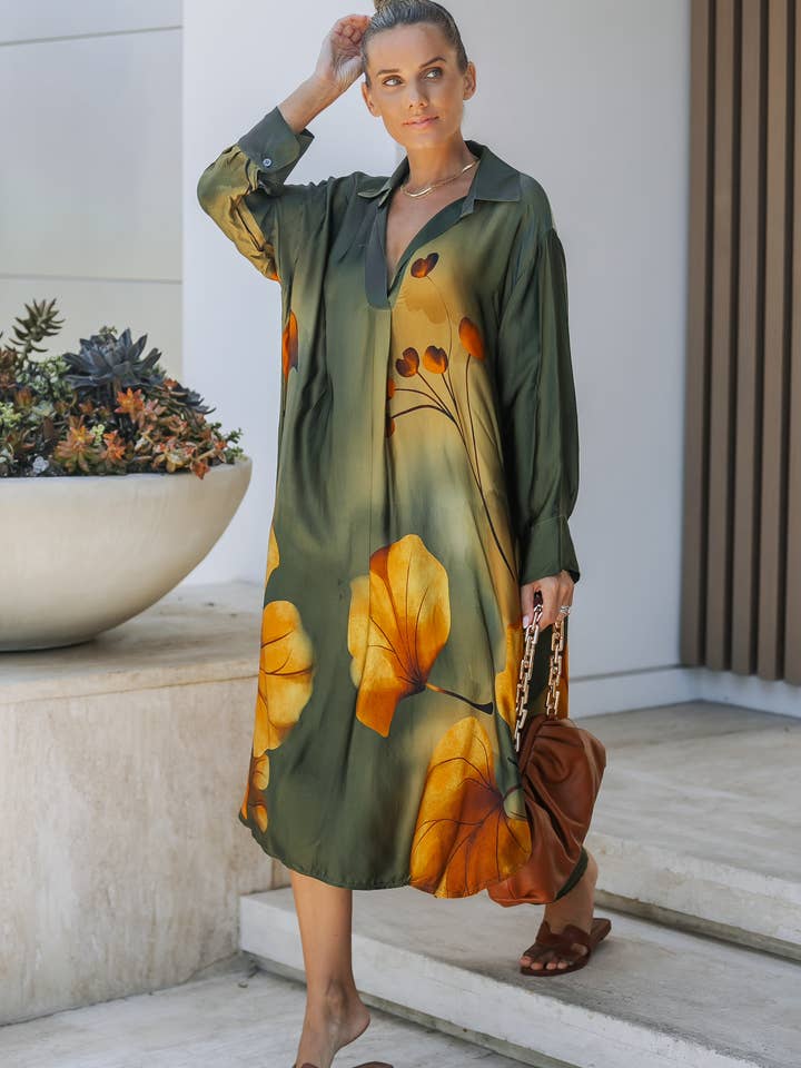 Olive Bloom Print Shirt Dress for wholesale on Faire1
