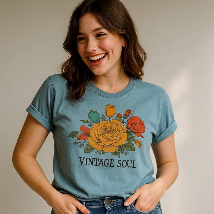 Vintage Soul T-Shirt, floral graphic, retro style for wholesale by Soleinspire