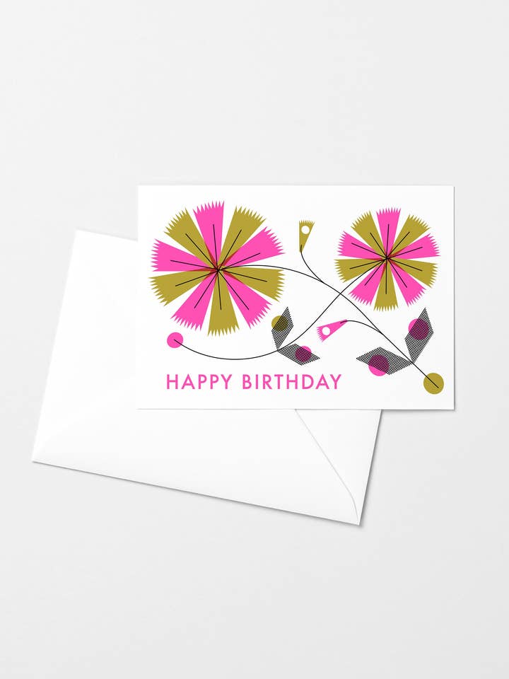 Moderne Blumen-Risograph-Karte mit Aufschrift Happy Birthday für den Großhandel von Mezzaluna Studio