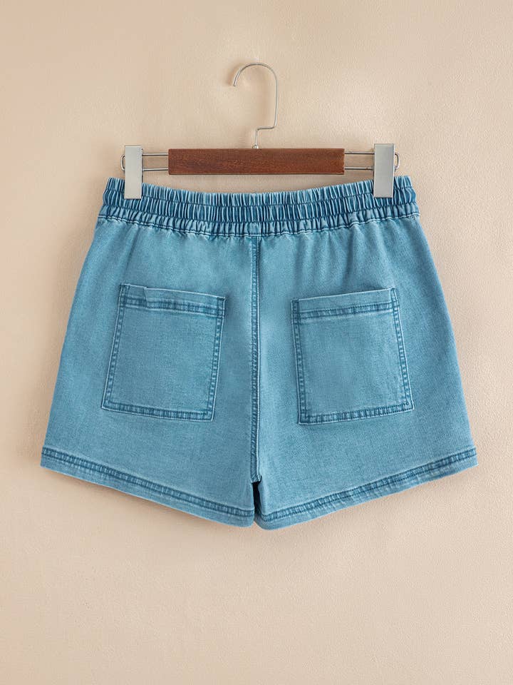 Beau Blue Contrast Drawstring Elastic Waistband Denim Shorts for wholesale on Faire3