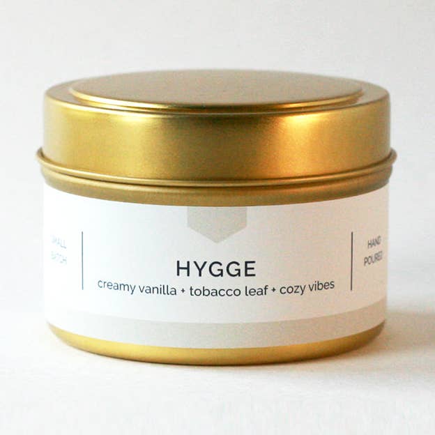 HYGGE Gold Travel Tin Soy Candle – Cozy Vanilla + Tobacco, Hand-Poured (4 oz) for wholesale by Vacant Wheel
