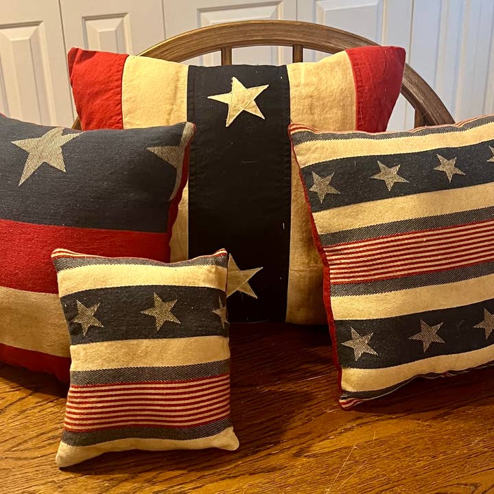 Primitive handmade stars & striped Americana pillows for wholesale by Raggedy Junction