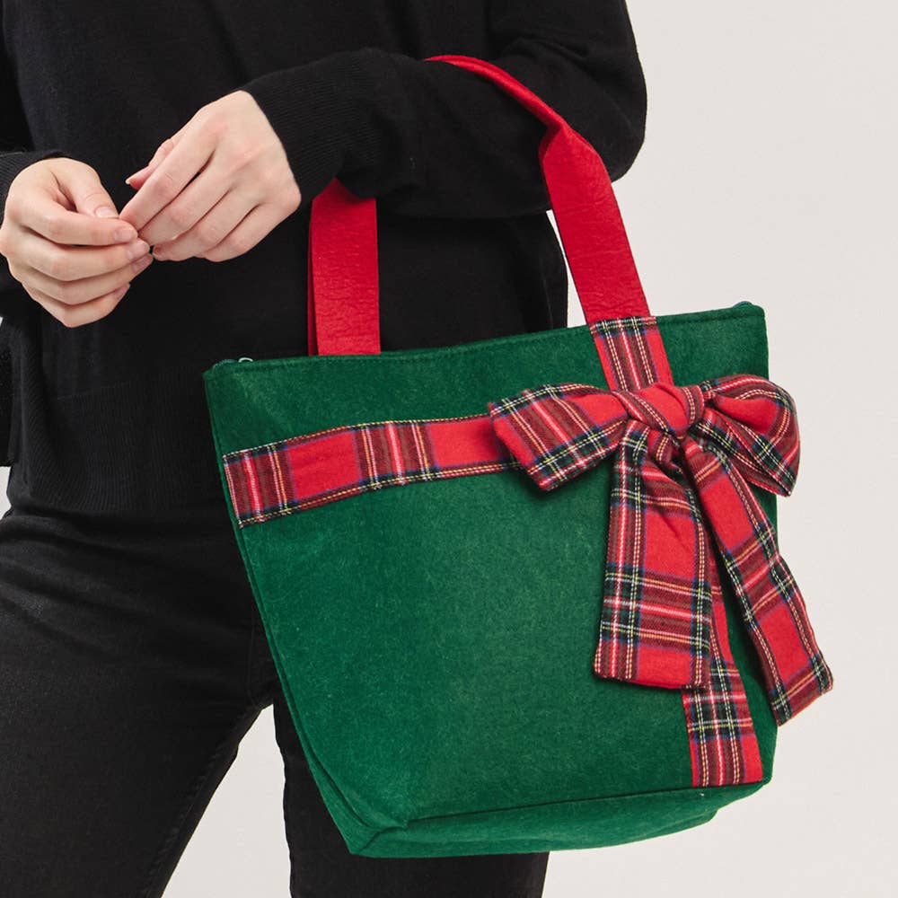 JOIA ACCESSORIES - Wholesale Tote Bag - Women's - CHRISTMAS GREEN TOTE BAG WITH RED PLAID BOW, MB 03219